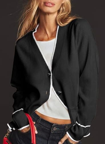 Dokotoo Short Cardigans for Women Open Front Button Down Lightweight Fashion Color Blocked Spring Knit Sweaters for Summer with Pockets,Black Small - Thumbnail 3