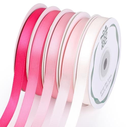 woric Double Faced Pink Satin Ribbon 3/8 Inch x 5 Rolls Total 50 Yards, 10 Yd/Roll Craft Thin Ribbon for Easter Gifts Decorations Flower Bouquet Gift Wrapping Hair Bows Baby Bridal Shower Wedding - Image 1