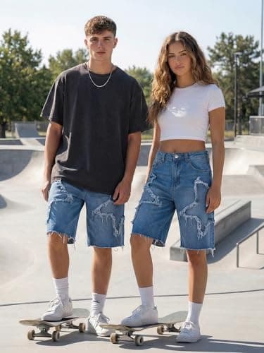 JMIERR Men's Baggy Jorts Loose Fit Wide Leg Comfy Y2K Hip Hop Streetwear Vintage Casual Star Denim Shorts with Pockets, Sail Blue, X-Large - Thumbnail 5