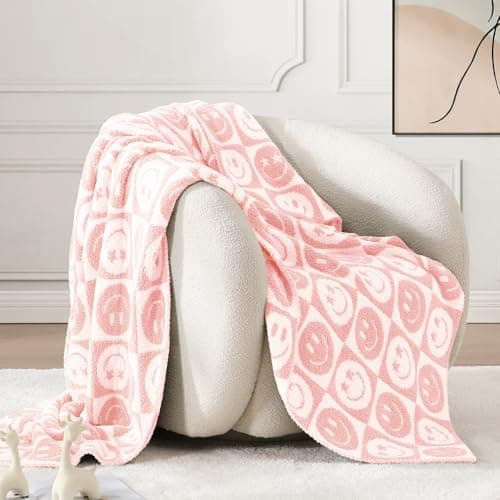 WRENSONGE Checkered Throw Blanket Blossom Smiling Face Soft Cozy Fluffy Warm Hand Made Throw Blankets for Couch, Sofa, Chair, Bed, Camping, Picnic, Travel Lightweight Bed Blanket - 50"*60" - Thumbnail 2