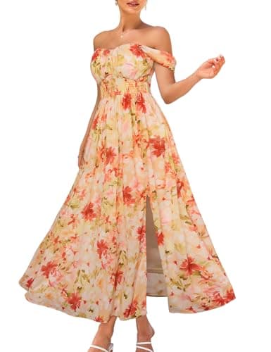 2026 Women's Summer Sleeveless Off Shoulder Floral Flowy A Line Maxi Dresses Light Orange Red XL