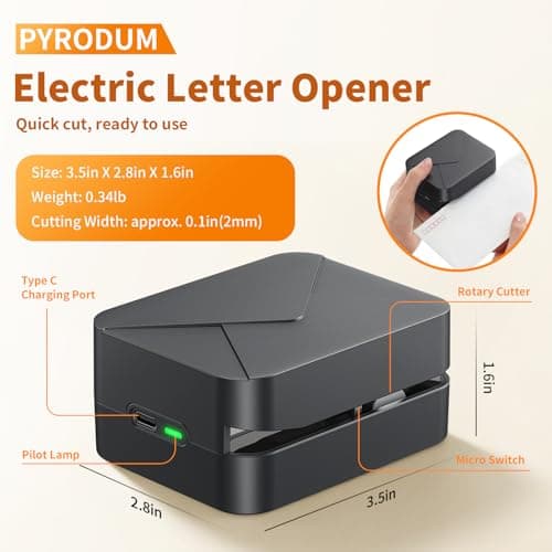 PYRODUM Rechargeable Electric Letter Opener, Automatic Envelope Slitter with Safe Hidden Blade, 1500 Cuts per Charge, Portable Mail Opener for Office Mailroom & Home Desk, Elderly, No Battery Needed - Thumbnail 2