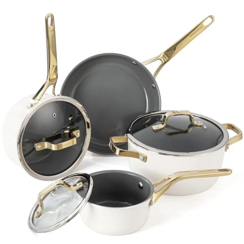 MOSIECH 7-Piece White Ceramic Nonstick Cookware Set, Pots and Pans with Glass Lids & Anti-Scald Handles, Non-Toxic PFAS Free, Dishwasher & Oven Safe up to 480°F, Induction & All Stoves Ready
