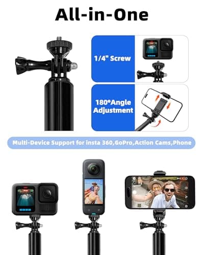 118" Invisible Long Selfie Stick Tripod,Action Camera Tripod,with Wireless Remote,Compatible with Gopro,DJI Osmo Action 5/3,Insta360 X5/X4/X3 ONEX2/RS,Cell Phone and Action Camera - Thumbnail 2