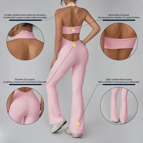 KAIFUYING Women Workout Scrunch Flare Jumpsuits Lace Deep V Hanging Neck Halter Backless Butt Lift Gym Yoga Jumpsuits Sexy jumpsuits Workout jumpsuits for women pink-XL - Thumbnail 5