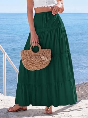 BTFBM Spring Skirts for Women 2026 Summer Boho Beach Vacation Clothes Casual Pleated High Waisted Flowy Maxi Skirt(Green, Small) - Thumbnail 2