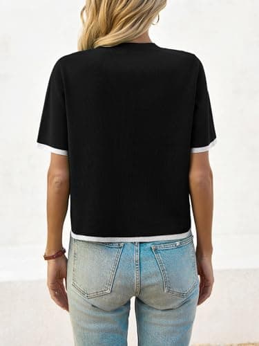 Saodimallsu Womens Short Sleeve Sweater Color Block Crew Neck Summer Crop Tops Loose Casual Knit Shirts with Pockets Black - Thumbnail 5