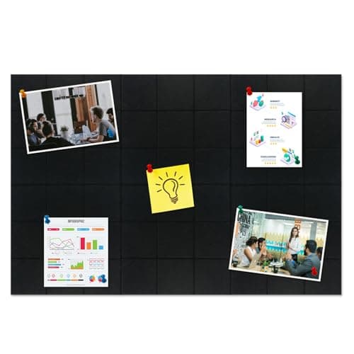 HULAVO Large Square Felt Cork Board Tiles, Self Adhesive DIY Felt Bulletin Board Pin Board with 35 Pushpins for Office School Home Wall Decor Stickers Memos Photos Display (Black)