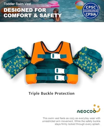 AEOCOO Puddle Float Jumper 20-30-50-60-70 Pounds, Toddler Swim Vest for 1-3-5-6-9 Years Old, Pool Floats with Swimming Arm Floaties Swim Jacket for Kids Swimmies, Boys, Girls, Niños, Cool-Dino - Thumbnail 3