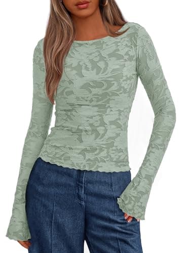 BTFBM Casual Long Sleeve Shirts Fall 2026 Going Out Tops for Women Trendy Floral Work Blouses Bodycon Tunics(Light Green,Medium) - Image 1