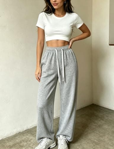 PAODIKUAI Women's Wide Leg Sweatpants Elastic Drawstring High Waisted Straight Leg Lounge Pants with Pockets(Grey,2XL) - Thumbnail 2