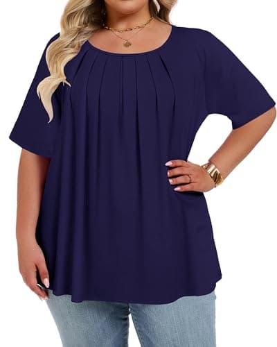 JOELLYUS Womens Plus Size Tops Summer Short Sleeve Shirts Flowy Crewneck Casual Loose Tunic Top Blouses (Dark Blue, XL) - Thumbnail 6