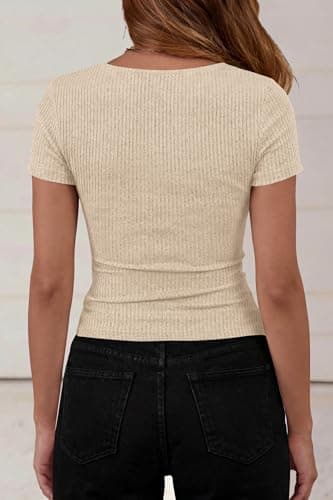 PRETTYGARDEN Womens Summer Tops 2026 Cute Cowl Neck Short Sleeve T-Shirts Ribbed Knit Fitted Spring Ruched Crop Top(Light Khaki,Small) - Thumbnail 5