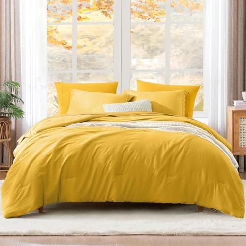 WRENSONGE King Size Comforter Set- 7 Pieces Soft Yellow Bed in a Bag with Fitted Sheet, Flat Sheet 2 Pillow Shams, and 2 Pillowcases- King Bedding Set for All Season - Image 1