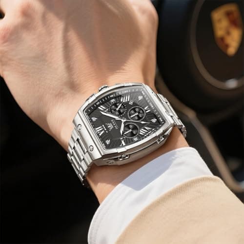 OLEVS Watch Men Luxury Black Big Face Square Silver Stainless Steel Chronograph Waterproof Mens Watches Tonneau Luminous Quartz Work Analog Dress Wrist Watches for Men Relojes para Hombres - Thumbnail 4