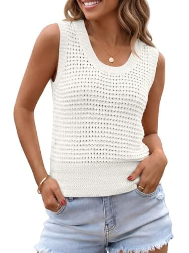 Saodimallsu Womens Summer Crochet Cover Up Sleeveless Scoop Neck Mesh Knit Beach Vacation Sweater Vest White - Image 1