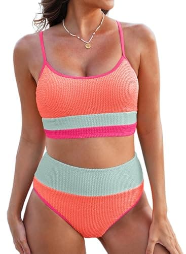Herseas Womens High Rise Bikini Sets 2026 Ribbed Color Block Swimsuit Sporty 2 Piece Bathing Suit Tummy Control Bottom Beachwear Orange Colorblock X-Large - Image 1