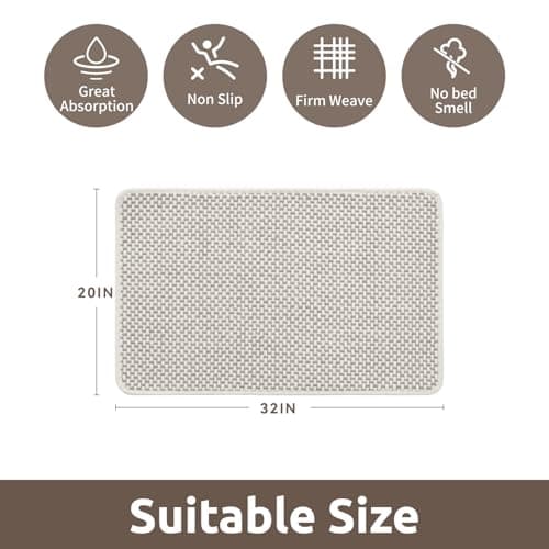 AMOAMI Chenille Bath Mat Super Absorbent Bathroom Mat Quick Dry Bath Mats for Bathroom Rubber Backed Bathroom Rugs Non Slip Washable Fit Under Door, Front of Bathtub, Sink, Beige&White 20"x32" - Thumbnail 2
