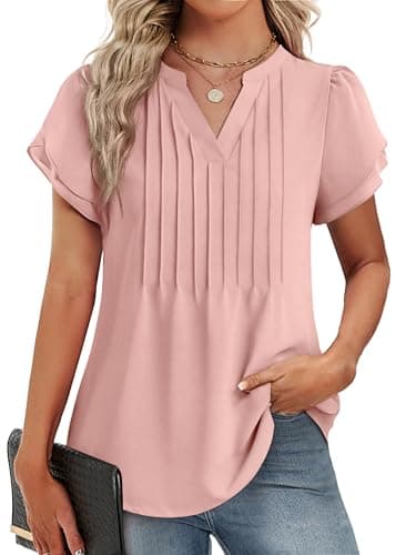 Funlingo Short Sleeve Blouses for Women Dressy Casual Spring Tops Loose Fitting V Neck Elegant Pleated Shirts for Business Work Pink L - Image 1