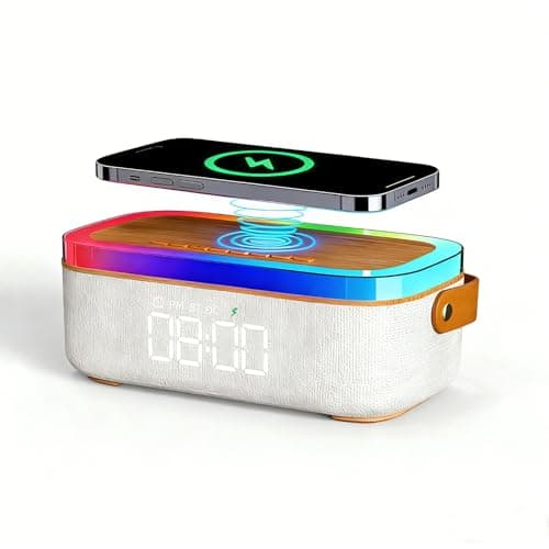 PLUWEL 4-in-1 Alarm Clock Bedrooms for Heavy Sleeper, Bluetooth Clock Sync with Phone, Portable Bluetooth Speaker, 15W Wireless Charging Station, Ambient Mood Night Light, Trendy Gift Room Decor