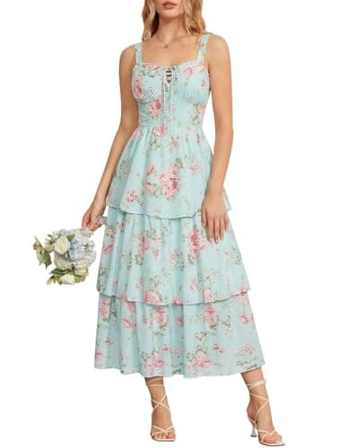 Summer Floral Dress for Women Spring Wedding Guest Dresses Tiered Maxi Corset Sundress Blue Pink Floral Size 10 - Image 1