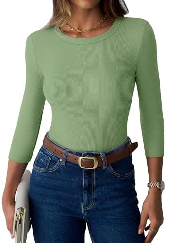 GKBK Womens 3/4 Sleeve Ribbed Tops Fitted Stretch Casual Crewneck Basic Tee Shirts Tight Layering 2025 Fall Fashion Outfits Light Green - Thumbnail 2