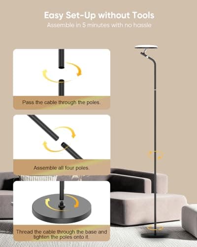 RUNBARRY LED Floor Lamp, 36W Super Bright Standing Lamp with Remote & Touch Control, 69" Stepless Dimmable Torchiere Floor Lamps, 350° Rotating Head Floor Lamp for Bedroom, Living Room, Office, Black - Thumbnail 5