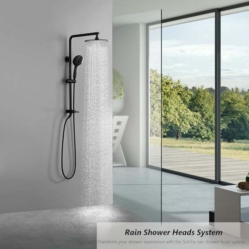 SonTiy Matte Black Rain Shower Head System with Handheld Spray, 360° Adjustable Shower Arm Exposed System with Height Adjustable Holder and 72Inch Long Shower Hose for Whole Family - Thumbnail 2