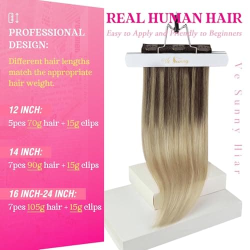 Ve Sunny Real Hair Extensions Clip in Human Hair Brown Ombre Golden Blonde Hair Extensions Clip ins Balayage Platinum Blonde Remy Human Hair Short Straight 12 Inch 85g 5pcs - Thumbnail 2