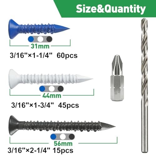 FOLIV 120PCS Concrete Screws with Drill Bit and Hex Bit Socket, 3/16" Blue/Black/White Flat Head Concrete Screws Anchor Kit for Masonry, Cement, Block, Brick or Stucco - Thumbnail 3