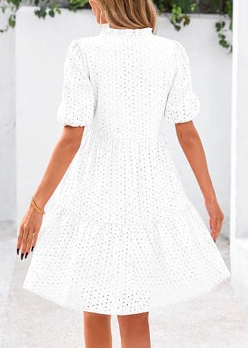 KIRUNDO Eyelet Summer Dresses for Women 2026 Mini Casual Hollow Out Short Sleeve Lace Tiered V Neck Shift Dress Pockets(White, Large) - Thumbnail 2