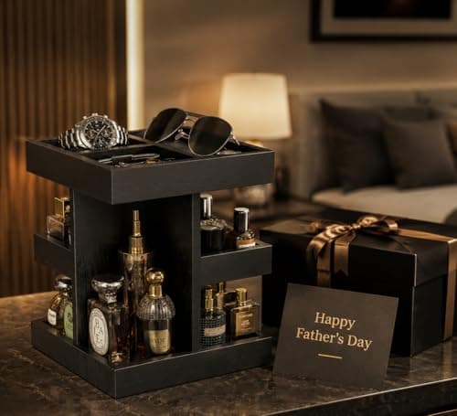 VLXXOI Cologne Organizer for Men Rotating Bathroom Counter Organizer, 3-Tier Solid Wood Storage Caddy, 360-Degree Rotating Stand, Burlywood (Black) - Thumbnail 6