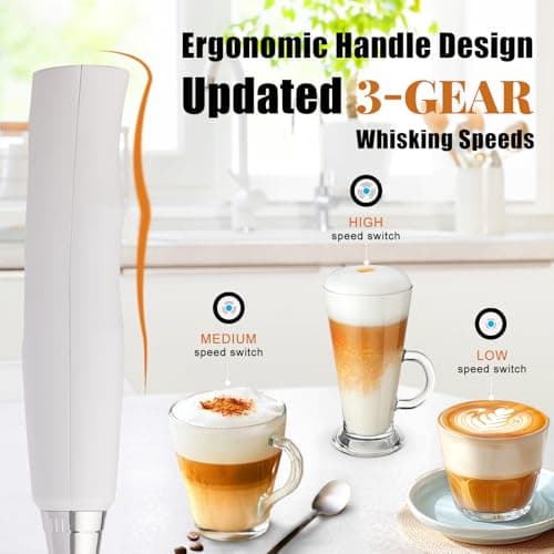 Nahida White Milk Frother Wand for Coffee, Frother Handheld Rechargeable Electric Whisk with 3 Heads 3 Speeds Drink Mixer Coffee Frother Foam Maker For Latte, Cappuccino, Hot Chocolate, Egg - Thumbnail 3