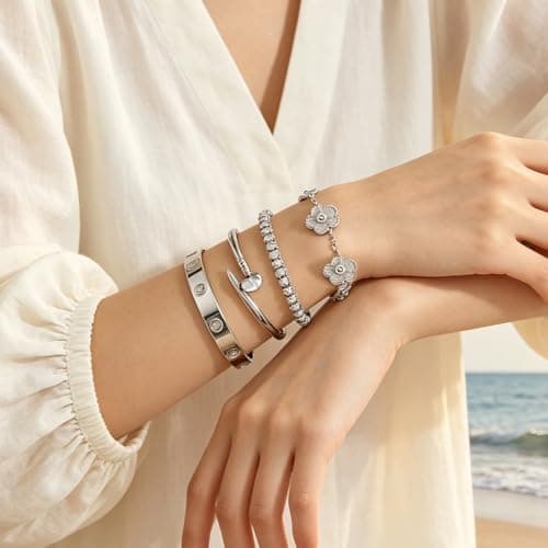 JINDETAI Stackable Silver Bracelets for Women - 3/4/5 Sets, Non-Tarnish Stainless Steel & Sterling Silver Trendy Stackable Bangle Jewelry Set, Gifts for Valentine's Day, Birthday, Prom and Christmas - Thumbnail 3