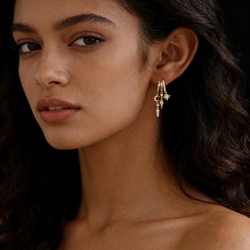 Gold Dangle Earrings for Women, 14k Gold Plated Statement Triple Hoop Illusion Gold Earrings Cubic Zirconia Star and Moon Huggie Earrings for Women Trendy - Thumbnail 2