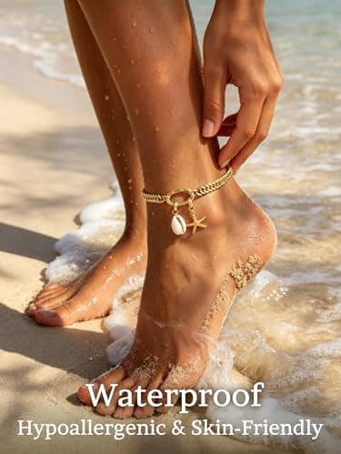 CTEEGN Anklets for Women Waterproof, 14K Gold Plated Anklet, Gold Ankle Bracelet for Women with Removable Starfish Shell Charms, Cuban Link Anklet for Big Ankles, Non Tarnish Summer Beach Jewelry - Thumbnail 3