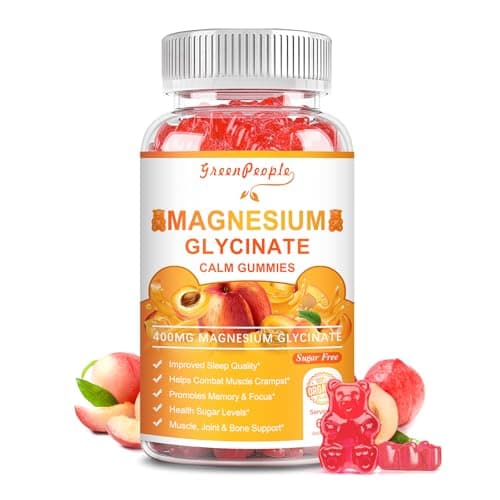 GREENPEOPLE Magnesium Glycinate Gummies with Citrate 1000mg, Taurate & Matale - Sugar Free - Magnesium Potassium Supplement with Vitamin D, K2 for Calm Mood & Zzz Support - 60 Peach Gummies