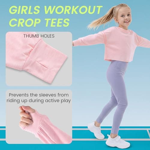 Gogokids Girls Shirts Long Sleeve Athletic Shirts Open Back Tops Active Sports Tshirts Yoga Workout Crop Tees, Pink, 11-12 Years - Thumbnail 2