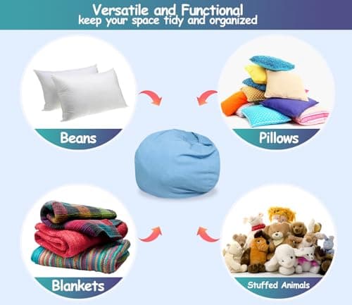 Stuffed Storage Bean Bag (No Filler) Keep Your Plush Toys More Organized Teens Children Lazy Playroom Perfect Ultra Soft Beanbag Washable Space Save Organizer Blue - Thumbnail 6