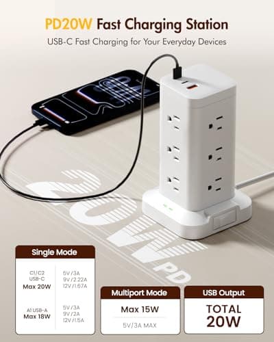 Power Strip Tower with Surge Protector 1800J, Fast Charging Tower PD20W USB-C Ports with 12 AC Outlets, 10ft Extension Cord for Home Office Dorm Room, White - Thumbnail 4