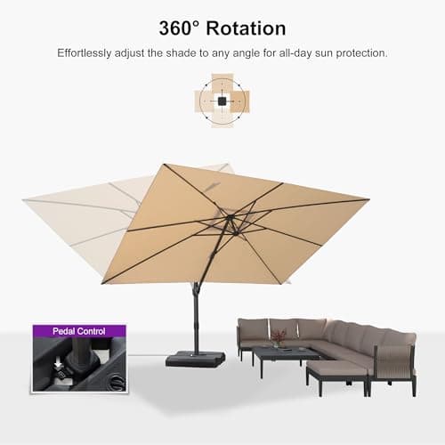 PURPLE LEAF 9' X 11.5' Patio Cantilever Umbrella Outdoor Rectangle Adjustable Offset Umbrellas with 360-degree Rotation and 8 Heavy Duty Metal Ribs for Garden Deck Pool Beige - Thumbnail 6