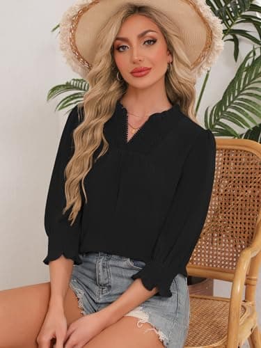 Funlingo 3/4 Length Sleeve Womens Tops Dressy Casual Flowy Blouses Boho Ruffle V Neck Lace T Shirts with Smocked Cuffs 2026 Fashion Clothing Black XL - Thumbnail 6