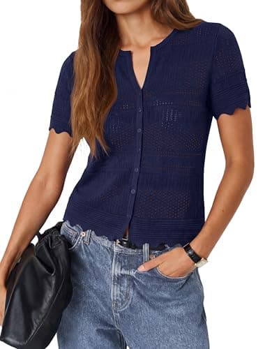 dowerme Women Summer Cardigan Sweaters 2026 Fashion Short Sleeve V Neck Crochet Crop Tops Spring Beach Vacation Clothes(Navy Blue,Medium) - Thumbnail 2