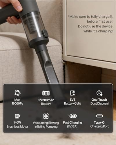 Handheld Car Vacuum Cordless, 140W, 19000Pa Powerful Suction, Max 40 Mins Runtime, Brushless Motor, Rechargeable 7800mAh Battery, One-Touch Dust Disposal, Portable Vacuum for Car, Home, Office, Pets - Thumbnail 2