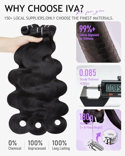 IVA 16A Body Wave Bundles Human Hair, 100% Raw Human Hair Bundles 22 24 26 28 Inch, Triple Lifespan, No Tangle No Shedding, Repeated Washes Maintain Silky Texture - Thumbnail 4