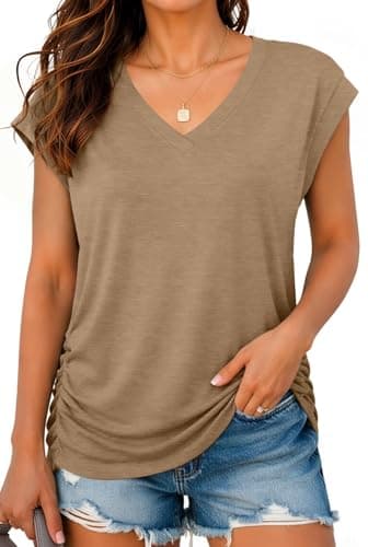Bliwov Womens Summer Tops Business Casual Cap Sleeve V Neck T Shirts Trendy Outfits Beach Vacation Clothes Fashion Blouses XXL Khaki - Image 1