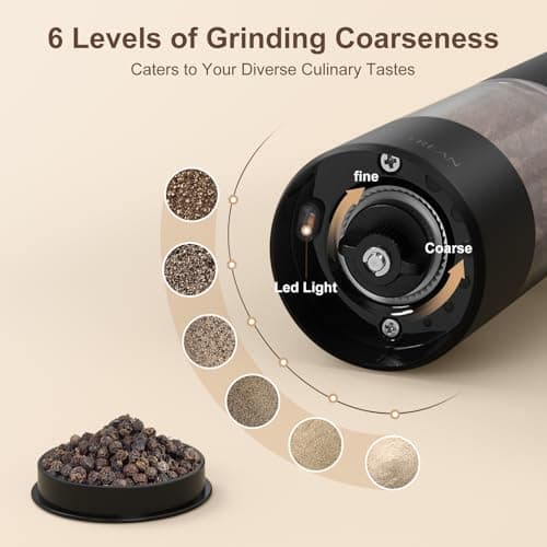 Ultrean Pepper Grinder, Rechargeable Salt and Pepper Grinder with 6 Adjustable Coarseness, LED Light, Automatic Grinder for Kitchen, Home and Kitchen Appliances Birthday Gifts for Women, Black - Thumbnail 3