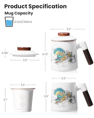 Foinly Ceramic Tea Cup with Infuser and Lid, 13.5 oz Tea Mug for Loose Leaf Tea,Wood Handle,Chinese Dragon Design,All Porcelain Strainer,BPA-Free, Perfect for Tea Lovers/Birthday/Mother's Day (White） - Thumbnail 5