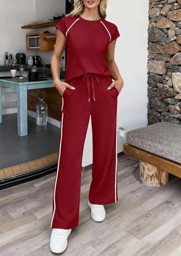 PRETTYGARDEN Two Piece Sets for Women 2026 Summer Vacation Outfits Cap Sleeve Tops Lounge Pants Matching Set Fashion Clothing (Burgundy,XX-Large) - Thumbnail 2