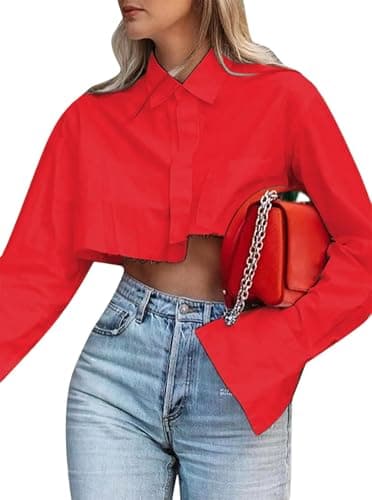 Button Up Crop Tops for Women Long Sleeve Collared V Neck Asymmetric Hem Crop Top Red XL - Image 1